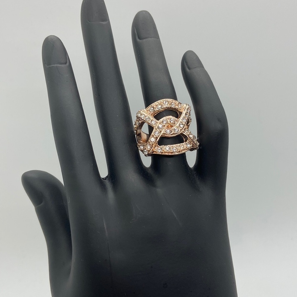 Rose Gold Tone and Rhinestone Cocktail Ring Size 8